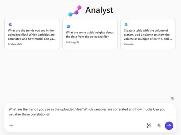 Màn hình chính Analyst với ô nhập và các ví dụ gợi ý